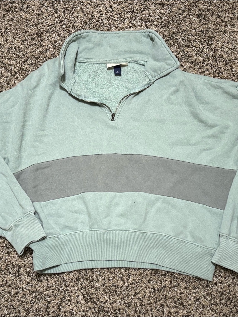 Women’s Quarter-Zip Pullover Sweatshirt in Light Mint with Gray Stripe